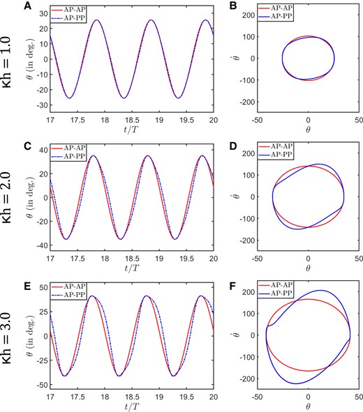 Time evolution of the pitch motion (A, C, E) and corresponding phase portraits (B, D, F) for the AP–PP and AP–AP foils at the three different κh.