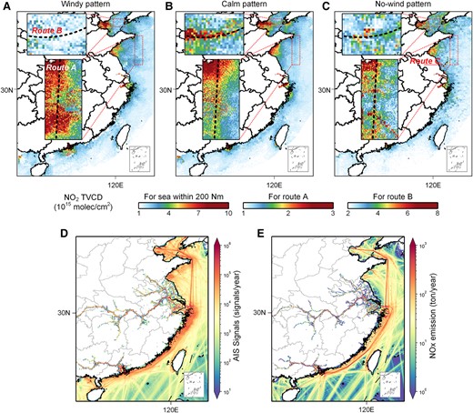 The spatial distribution of NO2 TVCDs under different wind patterns, activities, and emissions along the China coast for the year 2019. A) Northerly windy, B) northerly calm, and C) no-wind patterns. The D) AIS signals and E) shipping NOx emissions from SEIM for the year 2019.