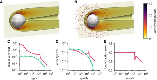Inferring body shape from velocity measurements for a flow past a sphere using ODIL. A, B) Inferred (A) and reference (B) body shape and contours of vorticity magnitude. The velocity measurements are imposed in 684 points (red dots) chosen at a distance from the body. C–E) History of the square root of the loss (C), root-mean-square error in x-velocity (D), and body fraction χ normalized by the mean of reference (E) for the inverse problem and forward problem . The error is relative to the solution of the forward problem after 10,000 epochs.