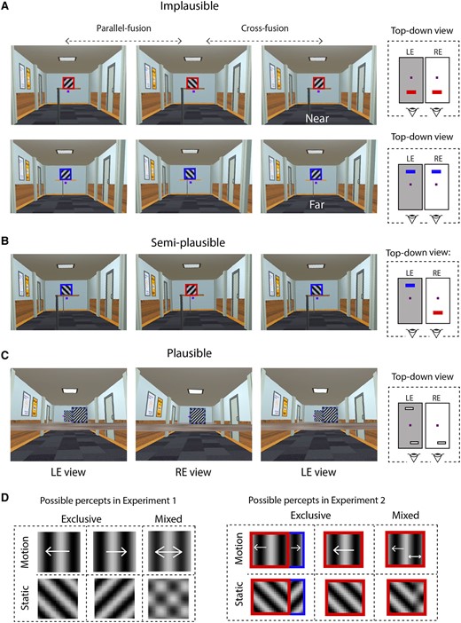 The spatial arrangements of stimuli in experiment 1 (panels A and B) and experiment 2 (panel C). All rival images were placed in a cue-rich 3D corridor, and the key manipulation was the configuration in which the rival images were presented. Specifically, the images were in the same depth plane (A, implausible, corresponding to the canonical BR configuration), separated in depth (B, semi-implausible), or spatially calibrated to simulate partial monocular occlusion (C, plausible). For illustrative purposes only, the far images and near images in experiment 1 are described by the respective top-down views. For each experiment, a top-down diagram of the different spatial layouts is also provided (right panels in A, B, and C). Small purple cubes/squares in images and diagrams indicate the fixation target. Three screen capture images are provided for each geometric condition, to allow readers to free-fuse and experience the depth manipulation. Readers who cross-fuse should fuse the left and center images (labeled LE view and RE view, respectively) and readers who use uncross-fusion should fuse the right and center images. Note that these screen captures contain image artifacts, such as barrel distortion artifacts. These artifacts were induced by the image acquisition process needed to separately capture left and right images and were not present in the experiment. D) Participants responded whenever they saw either one of two possible exclusive percepts, which corresponded to the left eye view or the right eye view. For experiment 1, this was a single motion direction or orientation. In experiment 2, exclusive percepts were perceiving either the occluding and partially occluded images with distinct orientations or motions, or just the occluding image with a single orientation or motion direction. Mixtures were defined as percepts that deviated from exclusive percepts, generally perceived as two superimposed orientations or motion directions.