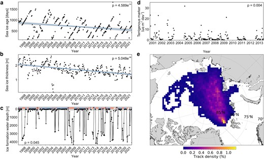 Characteristics of sea-ice exported through the Fram Strait from 1997 to 2021, derived from a sea-ice backtracking experiment and terrigenous marker fluxes at HG-IV from 2000 to 13. Panel (a) shows the average ice age of exported sea-ice. Panel (b) shows the modeled average sea-ice thickness of exported sea-ice. Panel (c) shows the water depth at the area where exported sea-ice was formed. Orange bars indicate sea-ice formation in areas with a water depth >100 m, while blue bars indicate a sea-ice formation depth in shallow regions with < 100 m depth. Panel d shows the terrigenous marker flux over the sampled period from 2000 to 2013. Note the change of x-axis values between panel (d) and (a–c). Panel (e) shows the areal track density of sea-ice that was exported through the Fram Strait from 1997 to 2021. Levels of statistical significance for a reduction over time in panel (a–d) were tested with a seasonal nonparametric Kendall rank correlation coefficient and are indicated by P-values.