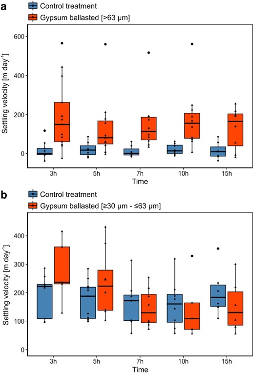 Measured settling velocities of in-situ particles over time from a ballasting experiment with and without added gypsum crystals during research expedition PS121. Gypsum crystals were added at 0 h for the ballasting treatments (red) while no gypsum was added in the control treatment (blue). Panel a compares particle settling velocities of a control treatment with particles ballasted with large gypsum crystals (>63 µm). Panel b compares particle settling velocities of a control treatment with particles ballasted with small gypsum crystals (≥30 to ≤63 µm). Settling velocities of the large-sized ballasting treatment (panel a) were significantly higher than the control treatment (ANOVA, P ≤ 0.05). Settling velocities of the small-sized ballasting treatment (panel b) were not elevated enough to show a significant increase over the control treatment (ANOVA, P ≥ 0.05).