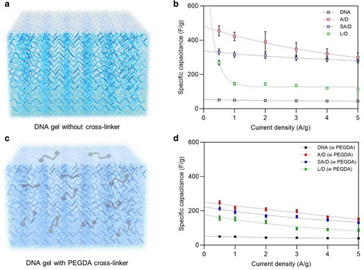 Specific capacitance of genomic DNA hybrid gel supercapacitors. a to d) The specific capacitance comparisons of pure DNA, agarose/DNA (A/D), sodium alginate/DNA (SA/D), and lignin/DNA (L/D) hybrid gel electrolyte SC (200 mM of LiCl) compared at different current densities (0.5 to 5 A/g) with and without PEGDA crosslinkers, respectively. The Csp values of A/D, SA/D, and L/D hybrid gels using PEGDA crosslinkers were 216.98, 192.34, and 142.48 F/g, respectively, at a current density of 1 A/g, compared to pure DNA gel SC using PEGDA (48.67 F/g).