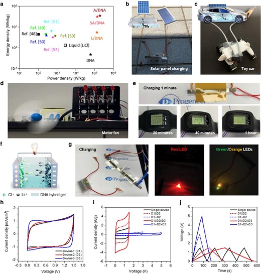 Real-time application of built-in genomic DNA hybrid gel SCs in various wearable and portable electronic devices. Real-time application of DNA hybrid gel SCs embedded in different wearable and portable electronic devices. To demonstrate real-time applications, two SC devices were connected in series and parallel. a) Ragone plot of DNA hybrid gel SCs compared to previous literature using activated carbon electrodes (48–53). The performances of existing supercapacitors and genomic DNA hybrid gel SCs in terms of energy density and power density were compared. The respective maximum energy density and power density were 35.07 Wh/kg and 1.939 × 105 W/kg for the agarose/DNA hybrid gel SC, whereas, for the alginate/DNA and lignin/DNA hybrid gel SCs, the energy and power densities were 31.5 Wh/kg and 1.406 × 105 W/kg, and 5.544 Wh/kg and 1.339 × 105 W/kg, respectively. b and c) A demonstration of a self-powered charging station with a DNA hybrid gel SC as an energy storage device to power flexible solar cells and toy cars as an energy harvesting source. d) A digital image where two DNA hybrid SC devices connected in parallel power a fan. e) A digital image of a single DNA hybrid SC device continuously powering a digital clock for 1 h. f) The outline mechanism of DNA hybrid gel SC configuration. g) Real-time application of red, green, and orange LEDs powered by two SC serial connection devices charged using a potentiostat. h) CV (scan rate of 50 mV/s) of the three devices used in the applications. The SC performance was observed and compared to various single devices (D1, D2, D3). All devices exhibited typical EDLC-type behavior where the significant distribution of charge at the two electrodes was confirmed and the high reversibility of the devices was explained. i and j) The CV (@ 50 mV/s) and GCD (@ 1 A/g) curves of three devices connected in tandem configurations.