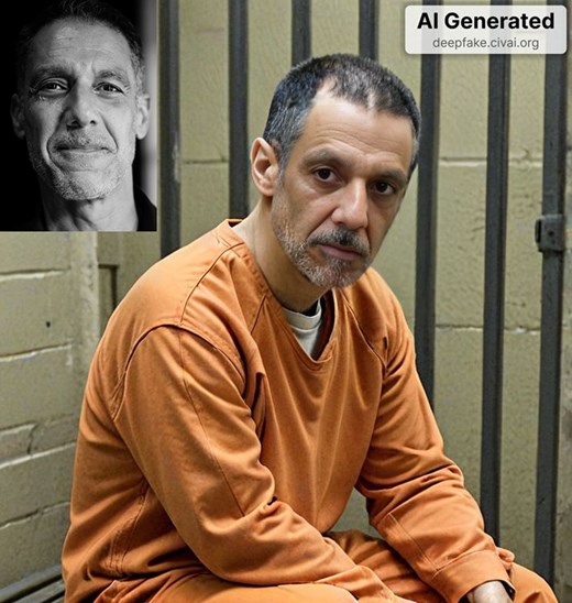 A deepfake in which I inserted my face (source in upper left) into an AI-generated image of an inmate in an orange jumpsuit.