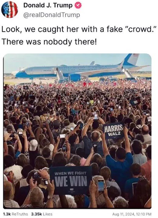 An authentic photo of a Harris-Walz rally that Donald Trump claimed, in a Truth Social post (https://truthsocial.com/@realDonaldTrump/posts/112944255426268462), was fake. Original photo reprinted with permission from Harris Campaign.