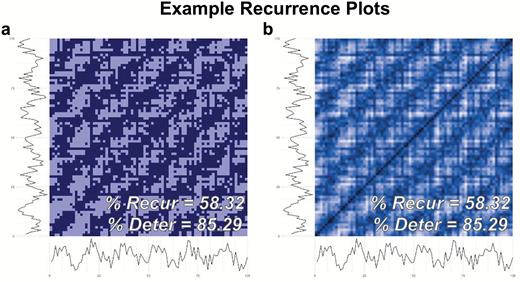 Recurrence plots of a noisy sine wave. (a) A binary recurrence plot. A dark point at (x,y) indicates recurrence between time point x and time point y. (b) A contour plot of the recurrence relationship. Lighter colors indicate that a larger cutoff radius is required before the point is considered recurrent.