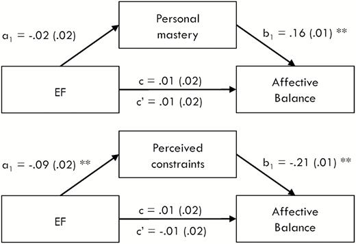 Mediation models with personal mastery (top panel) and perceived constraints (bottom panel) as mediators for affective balance. a1 and b1 signify indirect effects, whereas c and c′ reflect total and direct effects, respectively. All values represent unstandardized regression coefficients with standard errors in parentheses. *p < .05; **p < .001