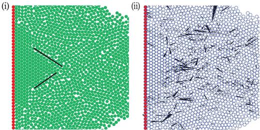 Typical snapshot of the simulation for the frictionless and mono-disperse grains case with $\tilde {\phi }_0 = 0.90$ near the target. Green particles denote mobile grains in the granular jet and red particles are wall particles (i). The black solid lines are drawn by hand to clarify the grain boundary between the crystallized region and the disordered region, where the boundary becomes a slip line. Crystallization into a triangular lattice can be seen near the region enclosed by the black lines. All of the corresponding contact forces between grains are visualized as black-colored arrows in (ii).