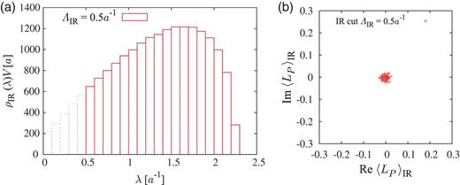 (a) The IR-cut Dirac spectral density $\rho _{\rm IR}(\lambda)\equiv \rho (\lambda)\theta (|\lambda |-\Lambda _{\mathrm {IR}})$, and (b) the IR-cut Polyakov loop $\langle L_P\rangle _{\mathrm {IR}}$ on the periodic lattice of $6^4$ at $\beta = 5.6$ for the IR-cut of $\Lambda _{\mathrm {IR}} = 0.5a^{-1}$.