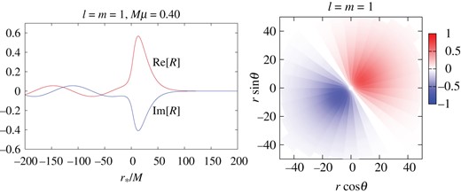 Left panel: Radial function $R$ of the axion quasi-bound state as a function of the tortoise coordinate $r_*/M$ for $\ell = m = 1$, $M\mu = 0.40$, and the BH rotation parameter $a_*=0.99$. Right panel: The configuration in the equatorial plane $\theta =\pi /2$. There is one maximum and one minimum.