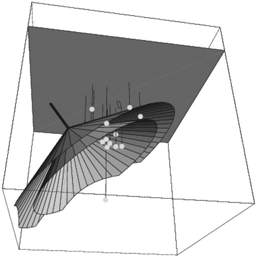 RICE experimental schematic. Shown is a downcoming neutrino illuminating the RICE radio receiver array, with antennas represented by white spheres, drawn to scale. The deepest antenna is located at a depth of approximately 367 meters. The embedded cones represent the +/-3 dB points of the Cherenkov power, maximal at an opening angle of approximately 57 degrees relative to the shower axis. (Ref. [113]).