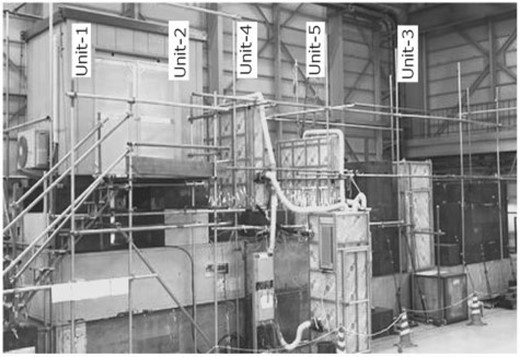 Photograph of a detector setup (Layout-3 with one 2 m iron block inserted in front of Unit-3). Two 1 m $\times$ 1 m tracking units (Unit-1 and Unit-2) are located inside the storage hut at the top left, with another (Unit-3) behind the iron block at the right end (iron blocks not in use are placed further right). Two 1.6 m $\times$ 1.6 m units (Unit-4 and Unit-5) are in the middle, where piping for air-conditioning is seen.