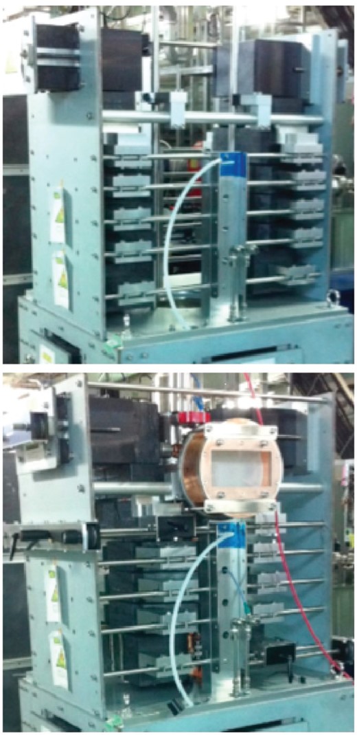 Fabricated prototype magnet. (Top) Klystron insertion mode: magnets are retracted toward the outer sides, making the space to let the cathode assembly part go through, which is the thickest part of the klystron. (Bottom) Klystron operating mode; magnets are moved to the designed position to generate the proper focusing field.
