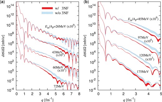 Uncertainty coming from $\Lambda$ dependence of differential cross sections $d \sigma/d \Omega$ for $^{4}$He+$^{58}$Ni elastic scattering. $\Lambda$ dependence is indicated by hatching for each of the 2NF and 2NF+3NF calculations, where two cases of $\Lambda=550$ and $450$ MeV are taken. Note that the hatched region surrounded by the solid (dashed) lines corresponds to the uncertainty coming from $\Lambda$ dependence for 2NF+3NF (2NF) calculations.