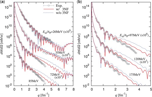 Differential cross sections $d \sigma/d \Omega$ as a function of transfer momentum $q$ for $^{4}$He scattering from a $^{208}$Pb target at $E_{\rm in}/A_{\rm P}=26$–$175$ MeV. The solid (dashed) lines denote the results of the Kyushu chiral $g$ matrix with (without) 3NF effects. Each cross section is multiplied by the factor shown in the figure. Experimental data are taken from Refs. [52–55].