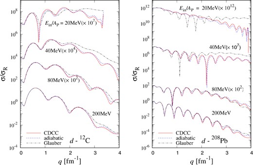 Differential cross section as the ratio to Rutherford cross section depending on transfer momentum $q$ for $d$ scattering from (left) $^{12}$C and (right) $^{208}$Pb targets at $E_{\rm in}/A_{\rm P} = 20$–$200$ MeV. The solid line is the result of the CDCC, the dashed line is that of the adiabatic-CDCC, and the dot-dashed line is that of the Glauber model. Each cross section is multiplied by the factor shown in the figure.