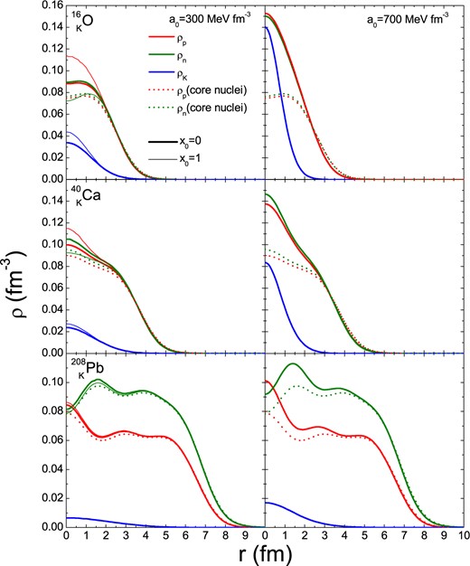 Proton, neutron, and kaon number density distributions of $^{16}_{\ K}$O, $^{40}_{\ K}$Ca, $^{208}_{\hspace{.7em}K}$Pb (solid curves) and their corresponding core nuclei (dotted curves) in the case of $a_0=300$$\,\text{MeV}\,\text{fm}^{-3}$ (left panels), 700$\,\text{MeV}\,\text{fm}^{-3}$ (right panels) and for $x_0=0$ (thick curves), 1 (thin curves in left panels).