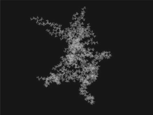 Projection of a three-dimensional dust aggregate formed via ballistic cluster–cluster aggregation. The number of constituent particles is $N = 2^{16} = 65536$.