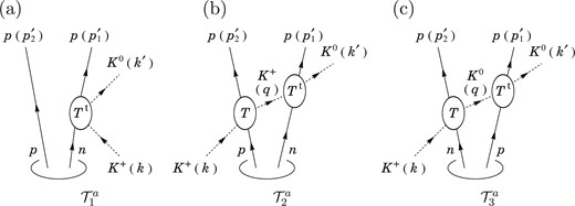 Diagrams for the $K^{+} d \to K^{0} p p$ reaction. Momenta of particles are shown in parentheses.