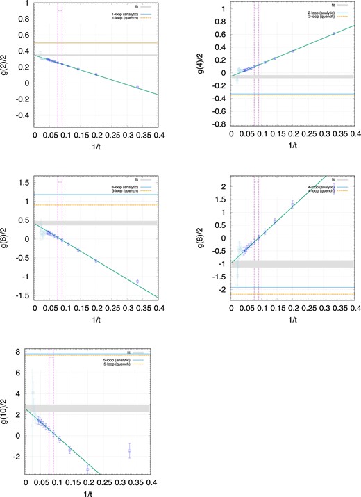 The perturbative coefficients of the function g(t)/2 on the 243 × 48 lattice. The photon mass is mγa = 0.167. Other parameters are listed in Table 1. The blue points are located at t < T/2, while the light-blue points are at t > T/2, where finite T effects are expected to be significant. The two dashed vertical lines show the range of the points used for the fit. The gray band shows the extrapolated t = 0 result with its statistical uncertainty. The perturbative coefficients obtained in the standard loop calculations are shown in the case of quenched QED (orange dashed) and QED with the dynamical fermion (blue).
