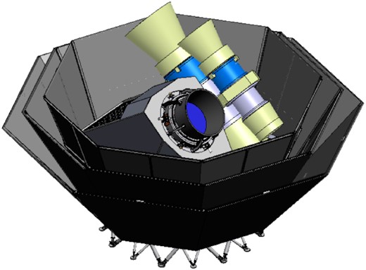 Payload module overview showing the surrounding V-grooves acting as passive coolers up to 30 K, with the 4.8-K enclosure of the low-frequency crossed-Dragone telescope in the front, and the two 4.8-K tubes of the mid- and high-frequency on-axis telescopes in the back.
