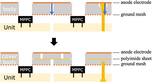 Schematic cross-sectional views of the ELCC structures. The previous structure is shown in the upper part and the upgraded structure to prevent discharges is shown in the lower part. The paths of discharges are shown by the blue arrows in the upper part.
