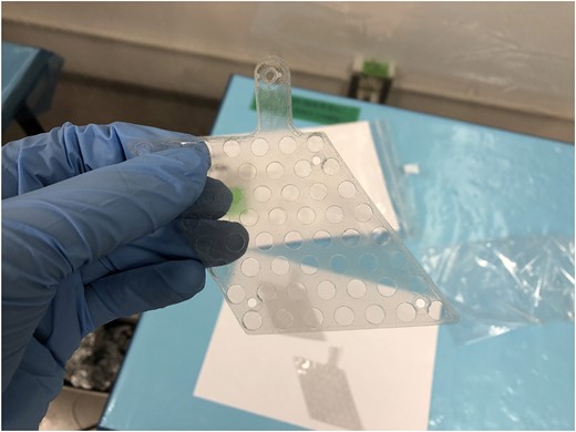 Photograph of the mesh electrode welded between PFA films.
