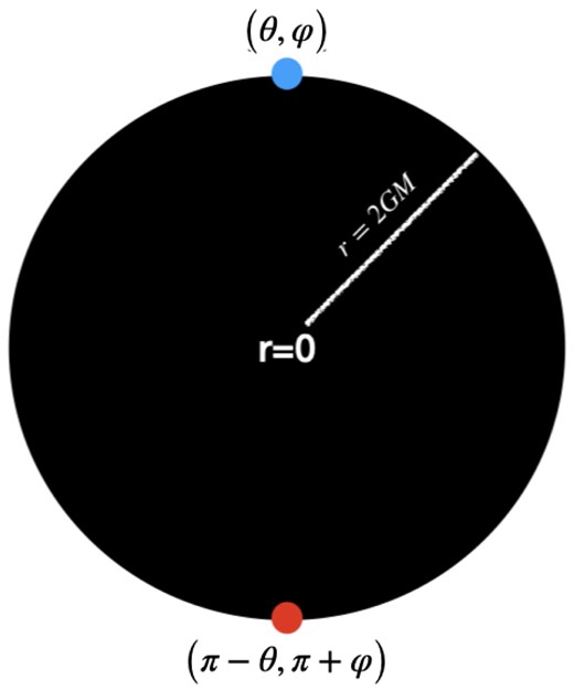 How the SBH (1) rips apart the parity conjugate points on the sphere of radius $r=2GM$ to space-like distances.