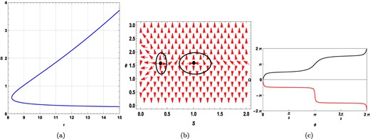 Plots for a static charged black hole in f(R) gravity in the fixed charge ensemble. Here q = 0.25 with l = 10. (a) τ vs S plot. (b) Plot of the vector field n on a portion of the S − θ plane for τ = 40. The red arrows represent the vector field n. The zero points are located at S = 0.38868 and S = 1.033022. (c) Computation of the winding numbers for the contours around the zero points S = 0.38868 and S = 1.033022, shown by the black- and red-colored solid lines, respectively.