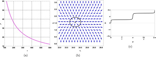 Plots for topological black holes $(k=0)$ in the fixed charge ensemble at $f_{R_{0}}=0.01, \mathrm{ f}( \varepsilon )=1.2, \mathrm{ g}( \varepsilon )=1.2, q=0.5, R_{0}=-0.01, \gamma =0.5$, and $k=0$. (a) $\tau$ vs $r_{+}$ plot, (b) plot of vector field n on a portion of the $r_{+}- \theta$ plane for $\tau =300$. The zero point is located at $r_{+}=24.1362$. (c) Computation of the contours around the zero point $r_{+}=24.1362$ is shown in a black-colored solid line.