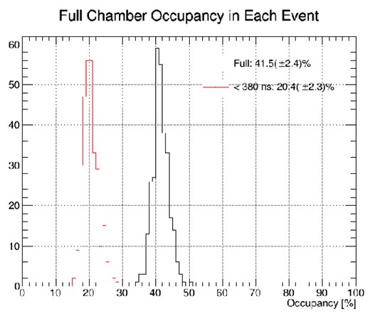 The distribution of CDC hit occupancy by background hits from the beam simulation.