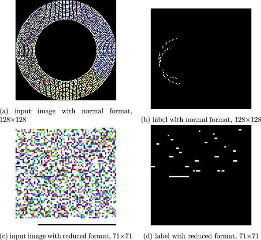 (a),(b) The input image and label of the normal format. (c),(d) The input image and label of the reduced format. Each input image has three channels: red for hit timing, green for ADC of hits, and blue for $\Delta \phi$ of hits. White pixels of input image indicate cells with no hits, while black pixels represent areas not corresponding to any cells in the CDC detector. The label images are grayscale, with white pixels denoting cells with true signal hits.