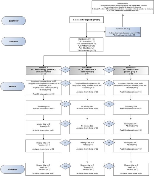 Flow chart of the EFforT-BCRL trial according to CONSORT 2010 flow diagram guidelines.30 B0 = baseline assessment; MLD = manual lymph drainage; P = after intensive assessment; P1 = 1 month after intensive assessment; P3 = 3 months after intensive assessment; P6 = 6 months after intensive assessment (= end of maintenance phase); P12 = 12 months after intensive phase (= after 6 months of follow-up).