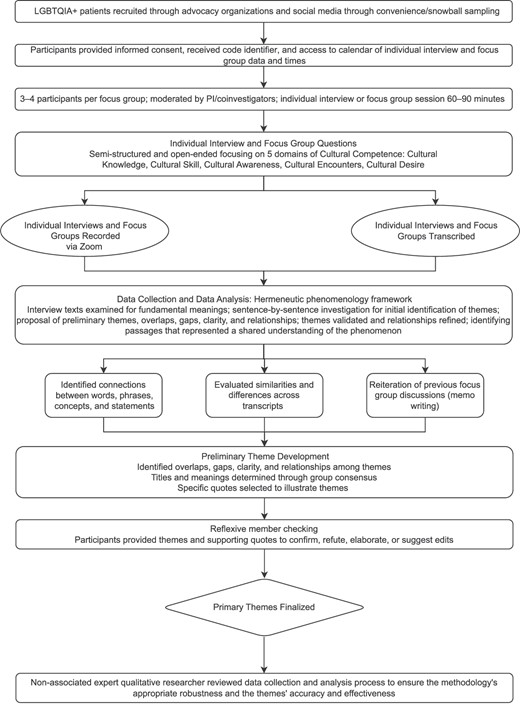 Qualitative flow chart. LGBTQIA+ cultural competence theme development. LGBTQIA+ = lesbian, gay, bisexual, transgender, queer, intersex, and asexual; PI = principal investigator.