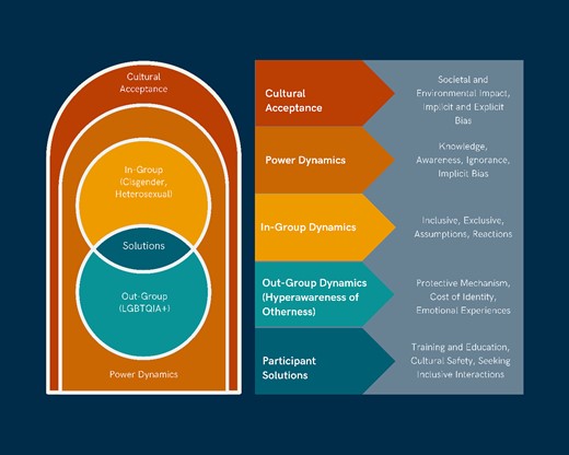Conceptual model of primary themes. LGBTQIA+ = lesbian, gay, bisexual, transgender, queer, intersex, and asexual.