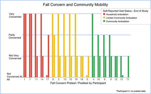Participants grouped by independence in community in relation to concern of falling. Those who were less concerned about falling tended to have more community mobility, while those concerned about falling tended to only walk at home.