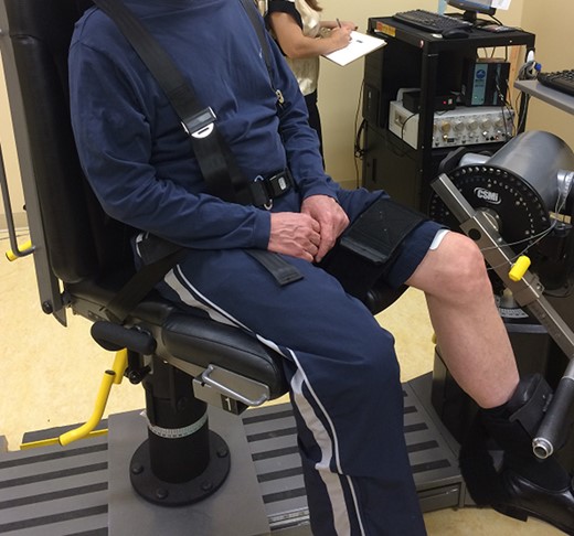 Photograph demonstrating the participant positioning used for strength testing of the knee extensor musculature using the electromechanical dynamometer.