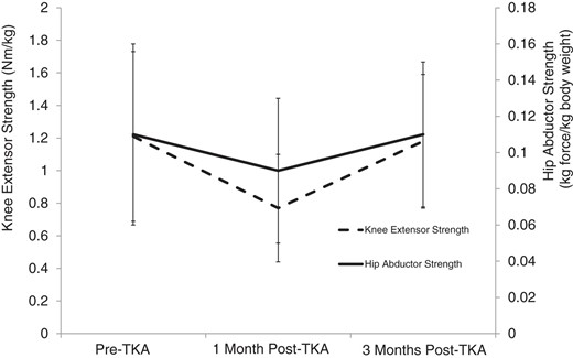 Nonadjusted mean (SD) change in involved limb hip abductor (solid line) and knee extensor (dotted line) normalized strength, from baseline to 1 month postsurgery and from baseline to 3 months postsurgery. TKA = total knee arthroplasty.