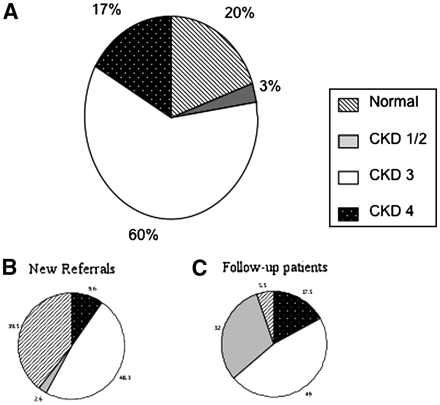 CKD stage of patients at the point of discharge shown as percentage. (A) The CKD stage for all patients. (B)The CKD stage distribution for only the new referrals and (C) only for follow-up patients at discharge.