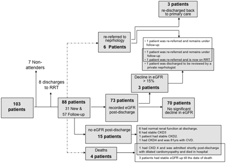 Diagrammatic illustration of patient outcomes post discharge from nephrology clinic. The overlapping boxes indicate patients belonging to more than one group.