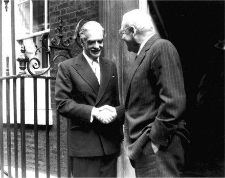 John Foster Dulles, US secretary of state, shaking hands with Anthony Eden on the steps of 10 Downing Street, 24 August 1956.