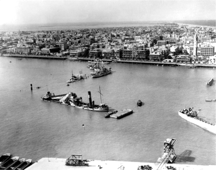 Scuttled ships blocking the entrance to the Suez canal at Port Said, 19 November 1956.