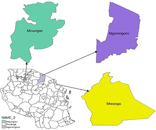 Map of the study area showing Mwanga, Ngorongoro, and Misungwi districts of northern Tanzania. Source: Author, (2022).