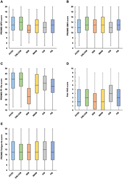 Patient-reported outcomes stratified by IIM subtypes. (A) PROMIS GPH score, (B) PROMIS GMH score, (C) PROMIS PF-10a score, (D) Pain VAS score and (E) PROMIS Fatigue 4a score were stratified by IIM subtypes. PF: physical function