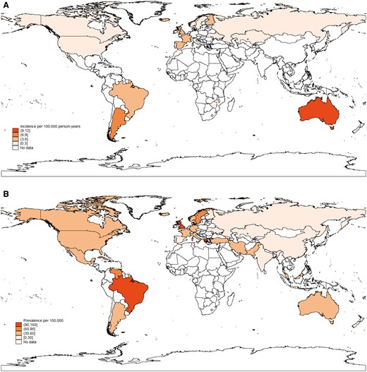 The global incidence (A) and prevalence (B) of SLE (most recent estimates used)