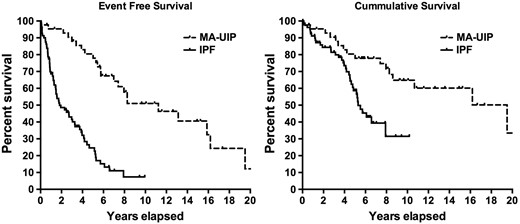 Kaplan–Meier survival curves between the two usual interstitial pneumonia cohorts