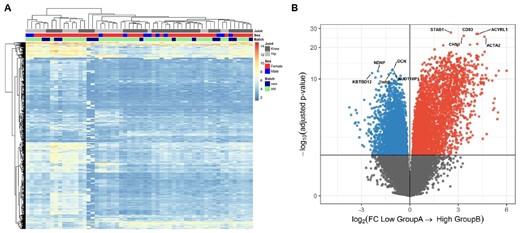 Unsupervised hierarchical clustering of the OA preserved cartilage and volcano plot
