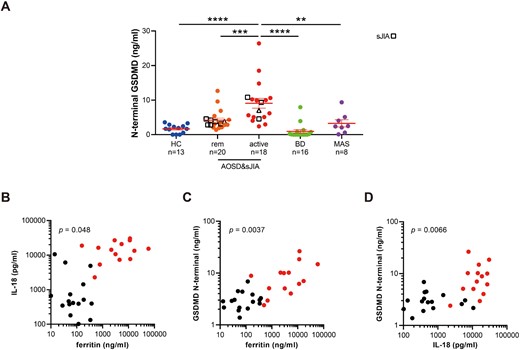 Elevated serum gasdermin D N-terminal and its correlation with serum ferritin and IL-18 in AOSD and sJIA