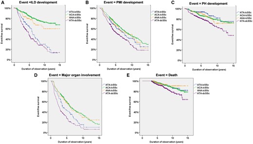Kaplan–Meier survival curves for risk of major organ involvement and death in the four subsets